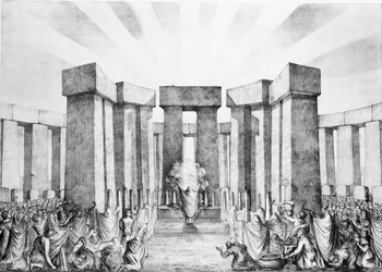 Druiden opfern der Sonne in ihrem Tempel namens Stonehenge, nach einem Plan von Stonehenge von Dr. Stukeley im Ashmolean Museum, Oxford, graviert und veröffentlicht vom Künstler